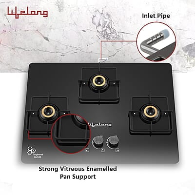 Lifelong 3 Gas Burner Top - 3 Burners Hob Top Gas Stove with Automatic Ignition - Toughened Glass top Gas Stove