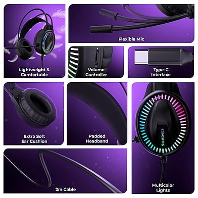 ZEBRONICS New Launch Blitz C Dolby Atmos Gaming Over Ear Headphone, 50Mm Neodymium Drivers, Padded Headband, Lightweight & Comfortable, RGB Lights, Flexible Mic, Type-C Connector, ZEBRONICS New Launch Blitz C Dolby Atmos Gaming Over Ear Headphone, 50Mm Neodymium Drivers, Padded Headband, Lightweight & Comfortable, RGB Lights, Flexible Mic, Type-C Connector,