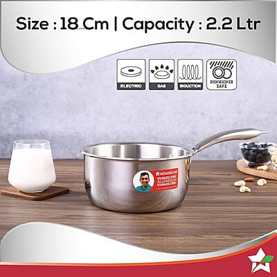 Wonderchef Nigella Tri-Ply 18 cm Sauce Pan 2.2 Liters 2.5 mm Thickness Silver Wonderchef Nigella Tri-Ply 18 cm Sauce Pan 2.2 Liters 2.5 mm Thickness Silver