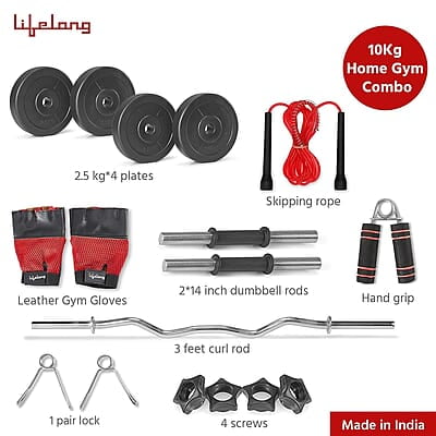 Lifelong PVC Home Gym Set 10Kg Plate 3Feet Curl Rod and Dumbbells Rods with Gym Accessories