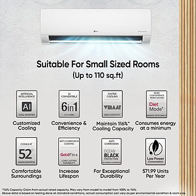 LG 1 Ton 4 Star DUAL Inverter Split AC (Copper, AI Convertible 6-in-1 with VIRAAT Mode, Faster Cooling & Energy Saving, 4 Way Swing, HD Filter with AntiVirus Protection