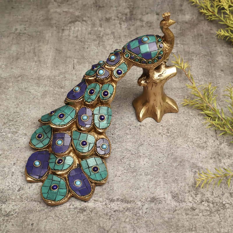 Brass Peacock with Multicolor Gemstone Handwork Showpiece for Home Decoration - 6.5 inch Height | Vibrant Brass Peacock Showpiece with Gemstone Handwork for Home Decor