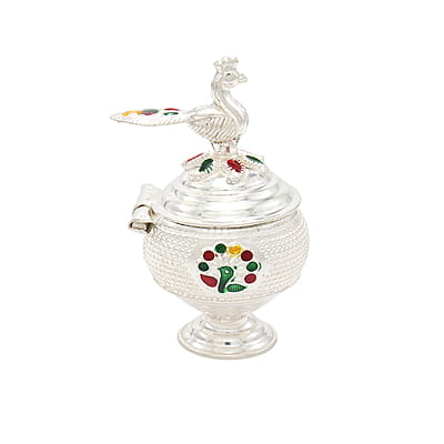 Silver Peacock Kumkum chimizh/Holder