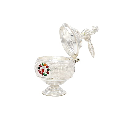 Silver Peacock Kumkum chimizh/Holder