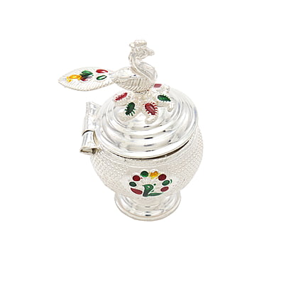 Silver Peacock Kumkum chimizh/Holder