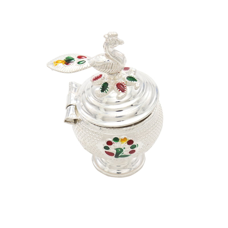 Silver Peacock Kumkum chimizh/Holder