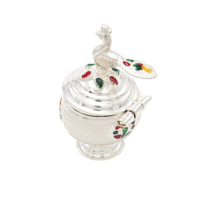 Silver Peacock Kumkum chimizh/Holder