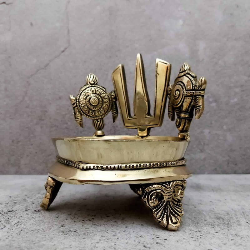 Brass Shank Chakra Nama Diya - 5.8 inch Height | Sacred Brass Diya with Shankh and Chakra Design Brass Shank Chakra Nama Diya - 5.8 inch Height | Sacred Brass Diya with Shankh and Chakra Design