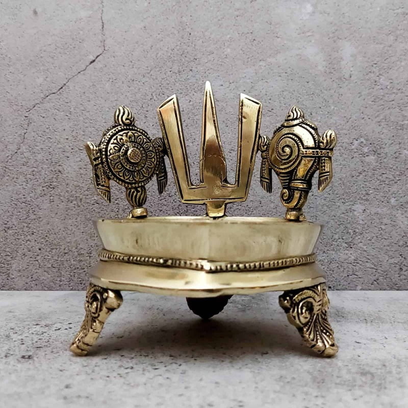 Brass Shank Chakra Nama Diya - 5.8 inch Height | Sacred Brass Diya with Shankh and Chakra Design Brass Shank Chakra Nama Diya - 5.8 inch Height | Sacred Brass Diya with Shankh and Chakra Design