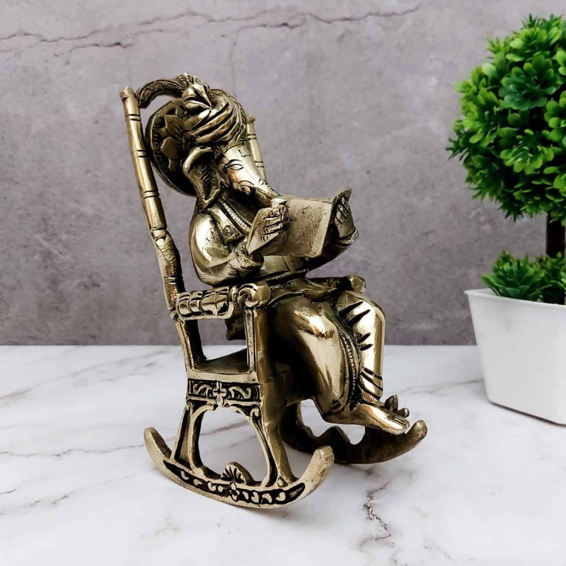 Brass Rocking Chair Ganesha - 7.5 inch Height | Playful Brass Rocking Chair Ganesha Statue