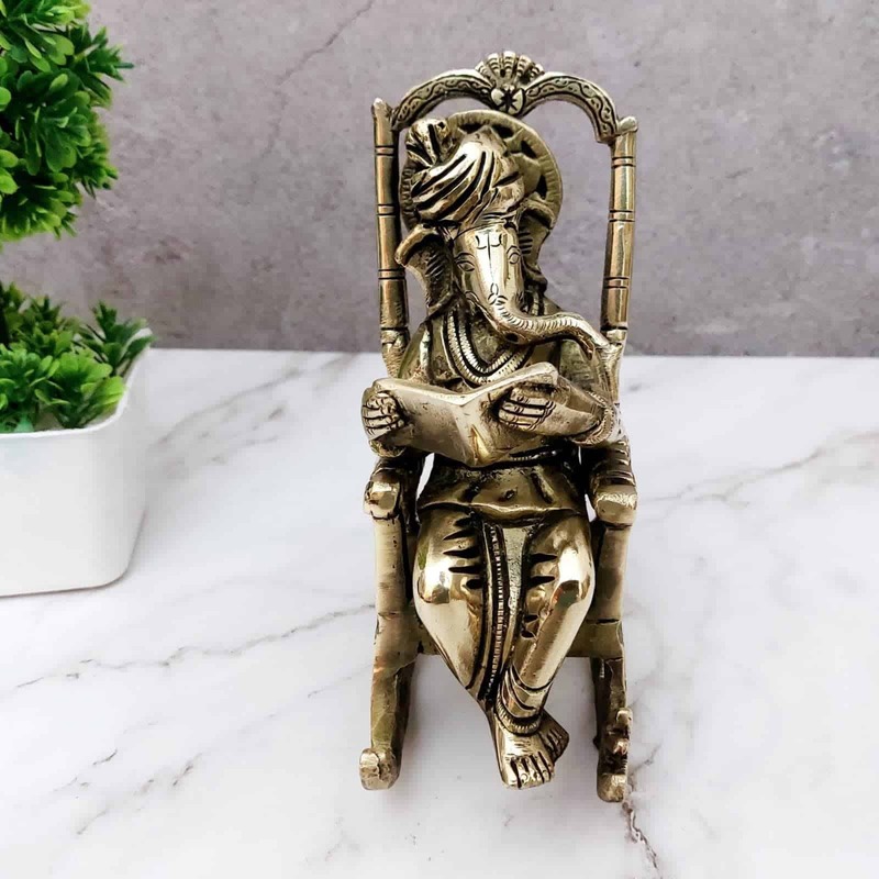 Brass Rocking Chair Ganesha - 7.5 inch Height | Playful Brass Rocking Chair Ganesha Statue