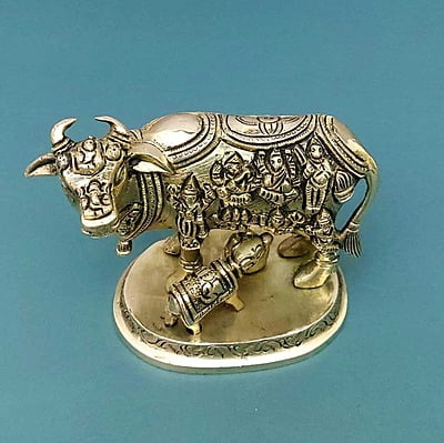 Brass Super Fine Cow and Calf Kamadhenu - 3.8 inch Height | Intricate Brass Cow and Calf Kamadhenu for Prosperity Brass Super Fine Cow and Calf Kamadhenu - 3.8 inch Height | Intricate Brass Cow and Calf Kamadhenu for Prosperity