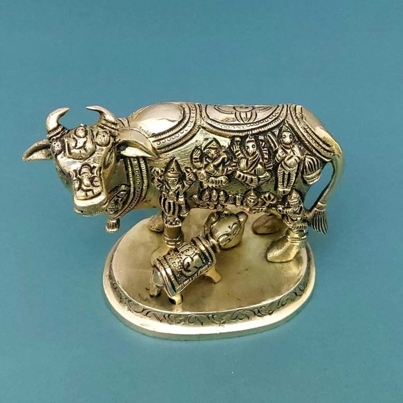 Brass Super Fine Cow and Calf Kamadhenu - 3.8 inch Height | Intricate Brass Cow and Calf Kamadhenu for Prosperity