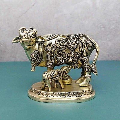 Brass Super Fine Cow and Calf Kamadhenu - 3.8 inch Height | Intricate Brass Cow and Calf Kamadhenu for Prosperity Brass Super Fine Cow and Calf Kamadhenu - 3.8 inch Height | Intricate Brass Cow and Calf Kamadhenu for Prosperity