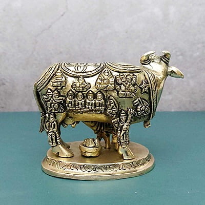 Brass Super Fine Cow and Calf Kamadhenu - 3.8 inch Height | Intricate Brass Cow and Calf Kamadhenu for Prosperity Brass Super Fine Cow and Calf Kamadhenu - 3.8 inch Height | Intricate Brass Cow and Calf Kamadhenu for Prosperity