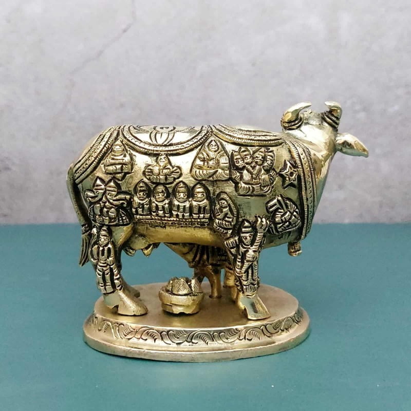 Brass Super Fine Cow and Calf Kamadhenu - 3.8 inch Height | Intricate Brass Cow and Calf Kamadhenu for Prosperity