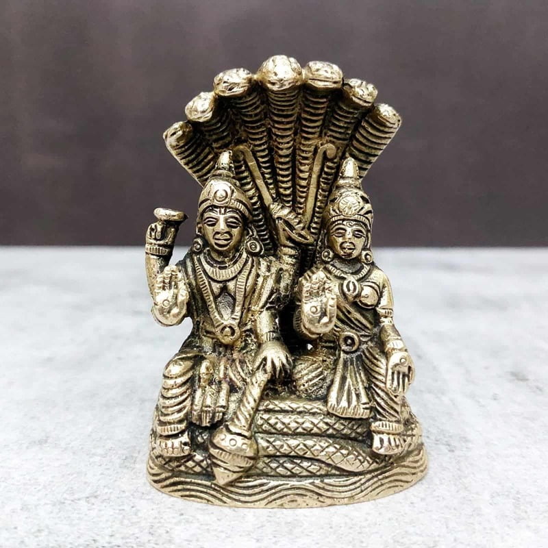 Brass Vishnu Lakshmi on Sheshnag Idol - 3.4 inch Height | Divine Brass Vishnu and Lakshmi Statue on Sheshnag