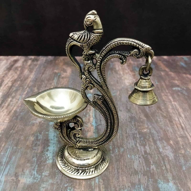 Brass Bird Bell Diya - 7.1 inch Height | Brass Diya with Bird Design and Bell Brass Bird Bell Diya - 7.1 inch Height | Brass Diya with Bird Design and Bell