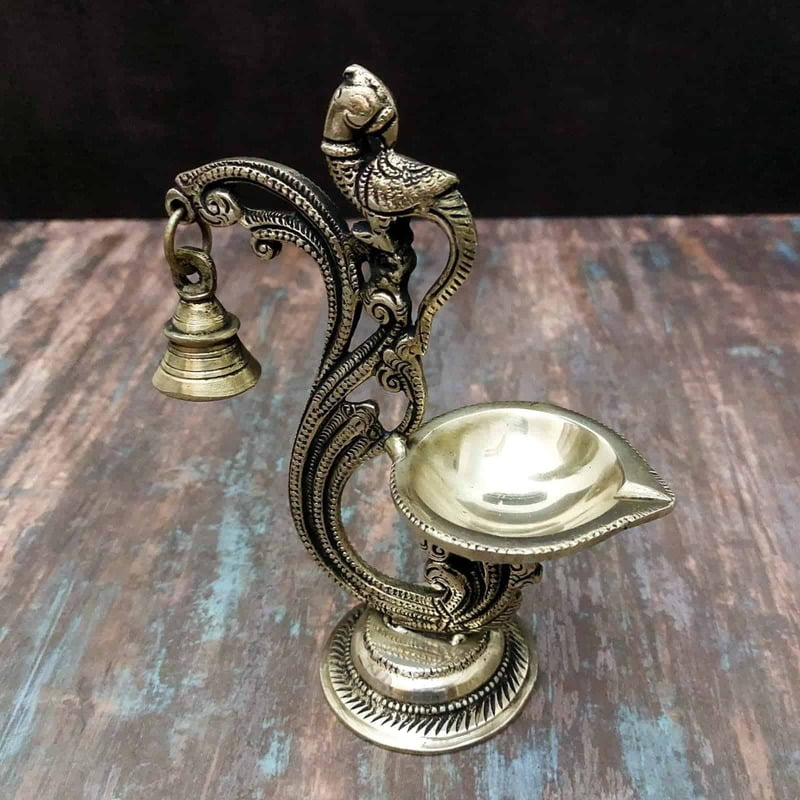Brass Bird Bell Diya - 7.1 inch Height | Brass Diya with Bird Design and Bell Brass Bird Bell Diya - 7.1 inch Height | Brass Diya with Bird Design and Bell