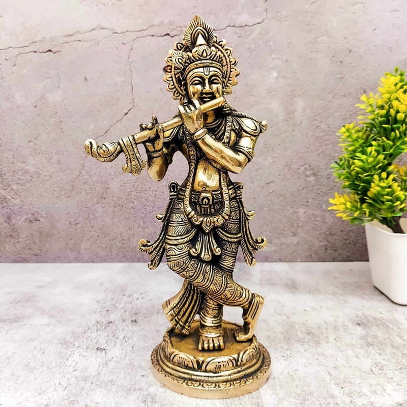 Brass Super Fine Krishna Idol - 9.5 inch Height | Divine Brass Krishna Sculpture Brass Super Fine Krishna Idol - 9.5 inch Height | Divine Brass Krishna Sculpture