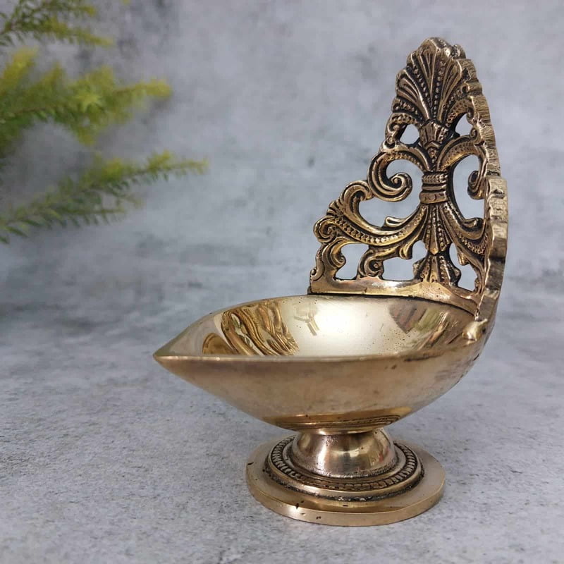 Brass Designer Diya - 4.8 inch Height | Elegant Brass Diya with Unique Design