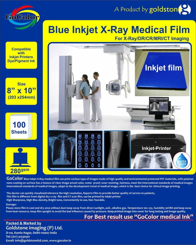 A4 x100 GoColor Inkjet Medical Blue Film for X Ray Film / SIZE: 210mm x 297mm 100 Sheet Pack of 280 GSM / 210 Micron A4 x100 GoColor Inkjet Medical Blue Film for X Ray Film / SIZE: 210mm x 297mm 100 Sheet Pack of 280 GSM / 210 Micron