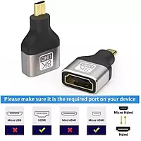 Micro HDMI Type-D (M) to 8k HDMI Type-A (F) Adapter, Bidirectional HDMI 2.1 Connector, Gold-Plated Plugs, Supports 8K@60Hz, 4K@120Hz, HDR, 3D, eARC for GoPro Hero 7/6, Sony A6000 Camera Micro HDMI Type-D (M) to 8k HDMI Type-A (F) Adapter, Bidirectional HDMI 2.1 Connector, Gold-Plated Plugs, Supports 8K@60Hz, 4K@120Hz, HDR, 3D, eARC for GoPro Hero 7/6, Sony A6000 Camera