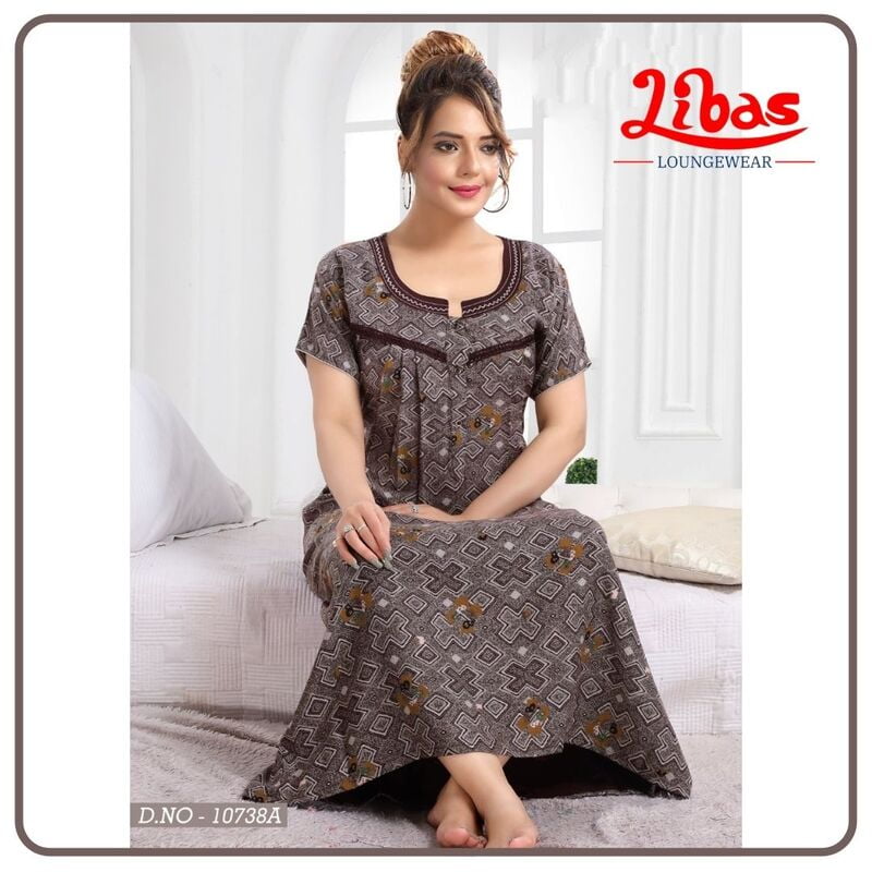 Congo Brown Spun Cotton Pleated Nighty With Button Closure From Libas Loungewear - PLT190 Congo Brown Spun Cotton Pleated Nighty With Button Closure From Libas Loungewear - PLT190
