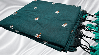Khadi Cotton Embroidery Saree - Greenish Blue