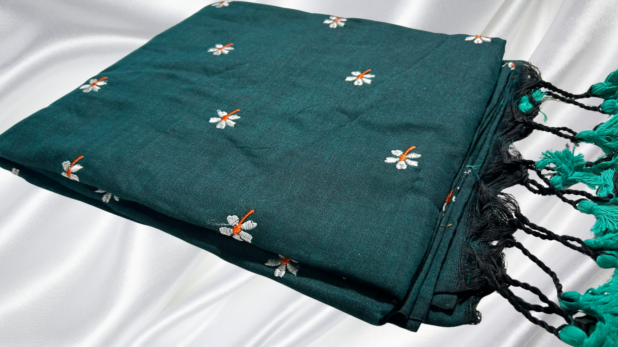 Khadi Cotton Embroidery Saree - Greenish Blue