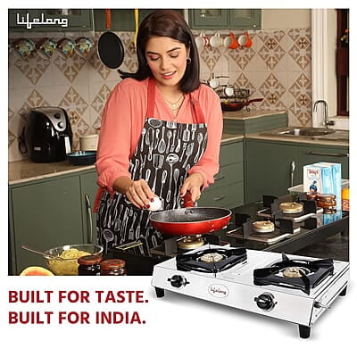 Lifelong 2 Burner Gas Stove Top for Kitchen - Manual Ignition Cooktop with Stainless Steel for Kitchen, ISI Certified