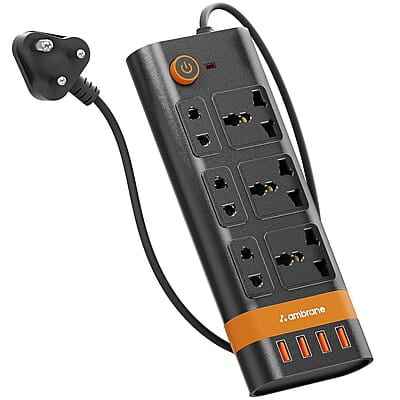 Ambrane Extension Board, 10 Ports with 4 USB Ports + 6 Power Sockets Smart Electric Surge Protector Multi Plug with 2500W, 3Mtr Cord Length, 2.1A USB Output Smartstrip