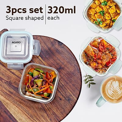 AGARO Elite Borosilicate Glass Lunch Box, 3pcs Set, 320ml Each, Office Tiffin Box with Bag Square