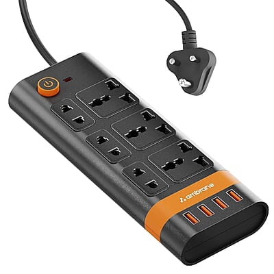Ambrane Extension Board, 10 Ports with 4 USB Ports + 6 Power Sockets Smart Electric Surge Protector Multi Plug with 2500W, 3Mtr Cord Length, 2.1A USB Output Smartstrip