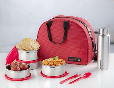 Varmora SS (Stainless Steel) Family Lunch Box (Tiffine) 390ml x2 SS Container,520ml x2 SS Container,Poto SS Matt 500ml x1