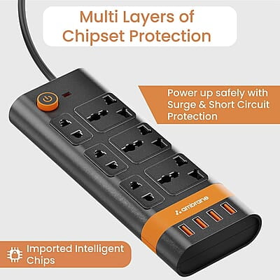 Ambrane Extension Board, 10 Ports with 4 USB Ports + 6 Power Sockets Smart Electric Surge Protector Multi Plug with 2500W, 3Mtr Cord Length, 2.1A USB Output Smartstrip