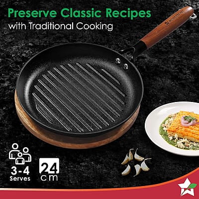 Wonderchef Pre-Seasoned Ferro Light 24cm Grill Pan 2.5MM Acacia Wooden Handles Wonderchef Pre-Seasoned Ferro Light 24cm Grill Pan 2.5MM Acacia Wooden Handles