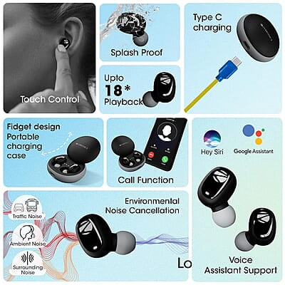 Zebronics Zeb-Sound Bomb N1 True Wireless In Ear Earbuds with ENC, Gaming Mode (up to 50ms), up to 18H Playback, Bluetooth V5.2, Fidget Case, Voice Assistant, Splash Proof, Type C, and Mic