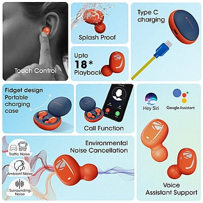 Zebronics Zeb-Sound Bomb N1 True Wireless In Ear Earbuds with ENC, Gaming Mode (up to 50ms), up to 18H Playback, Bluetooth V5.2, Fidget Case, Voice Assistant, Splash Proof, Type C, and Mic