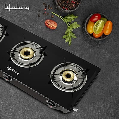 Lifelong 3 Burner Gas Stove Top for Kitchen - Automatic Ignition Cooktop Modern Glass Stove for Modular Kitchen, ISI Certified