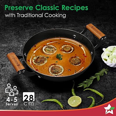 Wonderchef Pre-Seasoned Ferro Light 28cm Kadhai 3.2L Acacia Wooden Handles Wonderchef Pre-Seasoned Ferro Light 28cm Kadhai 3.2L Acacia Wooden Handles