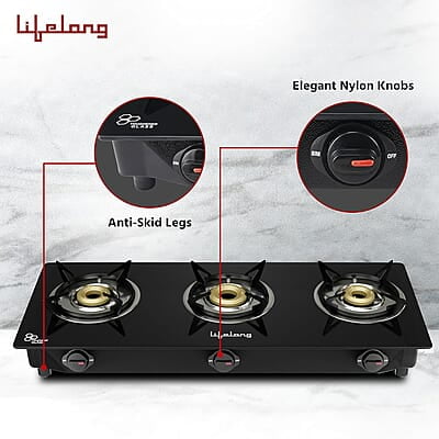 Lifelong 3 Burner Gas Stove Top for Kitchen - Automatic Ignition Cooktop Modern Glass Stove for Modular Kitchen, ISI Certified