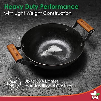 Wonderchef Pre-Seasoned Ferro Light 28cm Kadhai 3.2L Acacia Wooden Handles Wonderchef Pre-Seasoned Ferro Light 28cm Kadhai 3.2L Acacia Wooden Handles