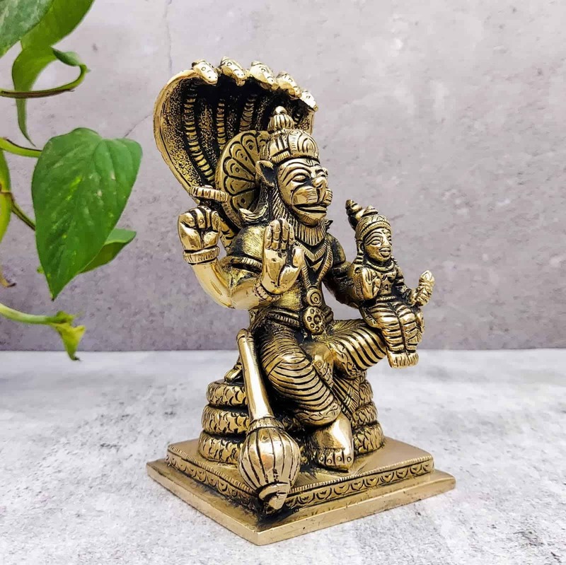 Brass Super Fine Lakshmi Narasimha Idol - 5.8 inch Height | Auspicious Brass Lakshmi Narasimha Sculpture