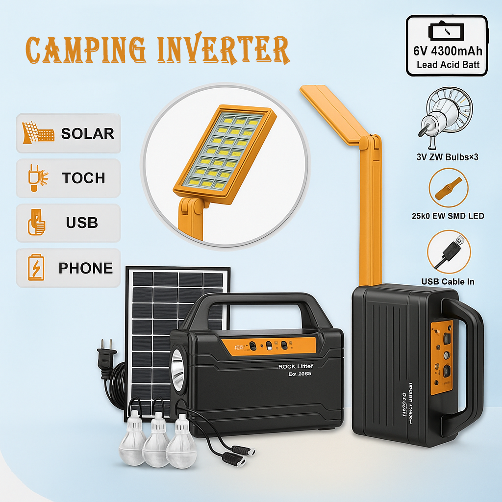 Portable Solar Inverter with 3 Individual 6 Volt LED Hanging Bulbs with 3.75 m Long Wire and AC/DC USB Socket