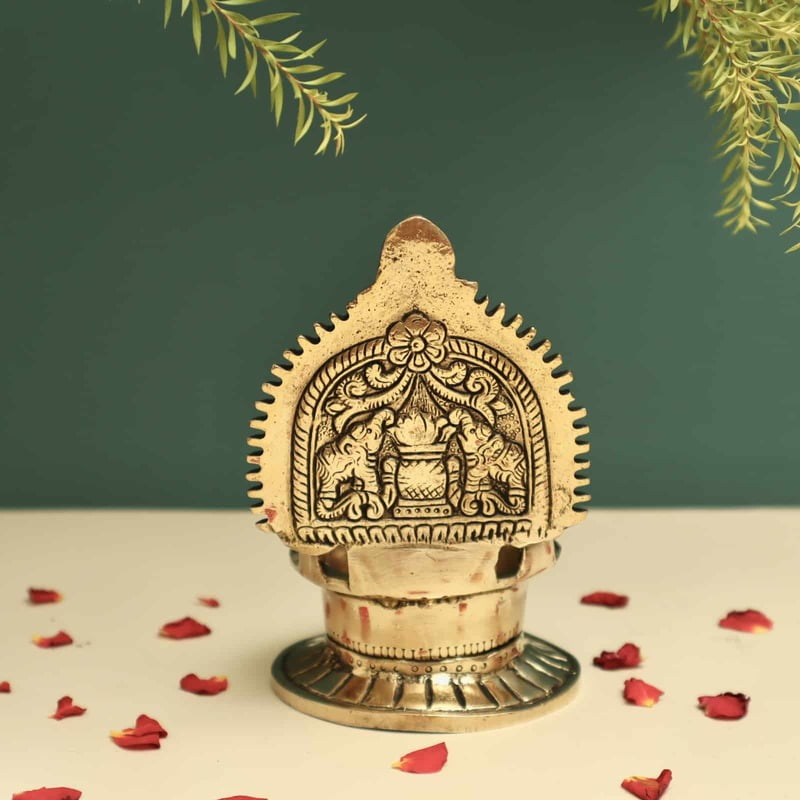 Brass Gaja Lakshmi Deepam/Lamp - 5.8 inch Height | Divine Brass Deepam/Lamp with Gaja Lakshmi Design for Auspicious Lighting Brass Gaja Lakshmi Deepam/Lamp - 5.8 inch Height | Divine Brass Deepam/Lamp with Gaja Lakshmi Design for Auspicious Lighting