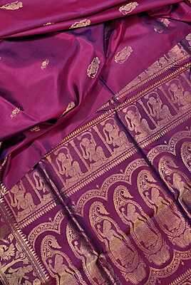 Blue Rani pink dual tone princess motif Swarnachari resham saree with golden zari Blue Rani pink dual tone princess motif Swarnachari resham saree with golden zari