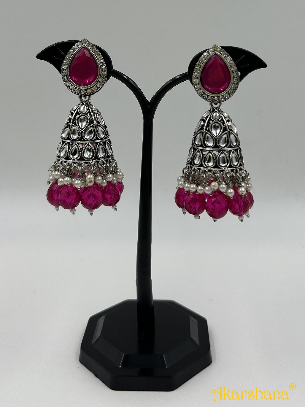 Oxidised Kundan Long Jumki with Bead Drops A1OJ00041A Oxidised Kundan Long Jumki with Bead Drops A1OJ00041A