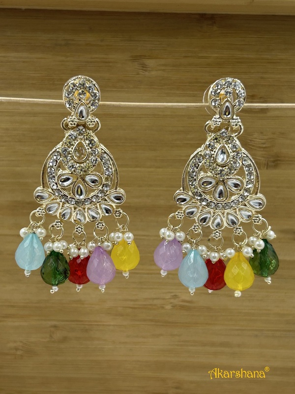 Light Gold Kundan Dangles with Multicolor Drops A1TJ00029 Light Gold Kundan Dangles with Multicolor Drops A1TJ00029