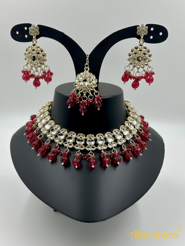 Light Gold Kundan Necklace with Bead Drops A1TJ00046A Light Gold Kundan Necklace with Bead Drops A1TJ00046A